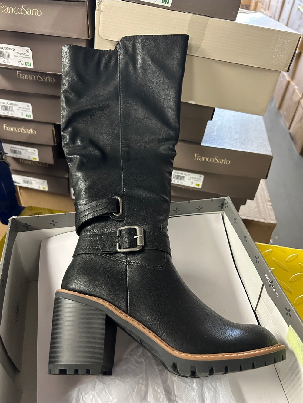 Sun + Stone Black Mid-Calf Heeled Riding Boots with Buckle Straps - Picture 2 of 4